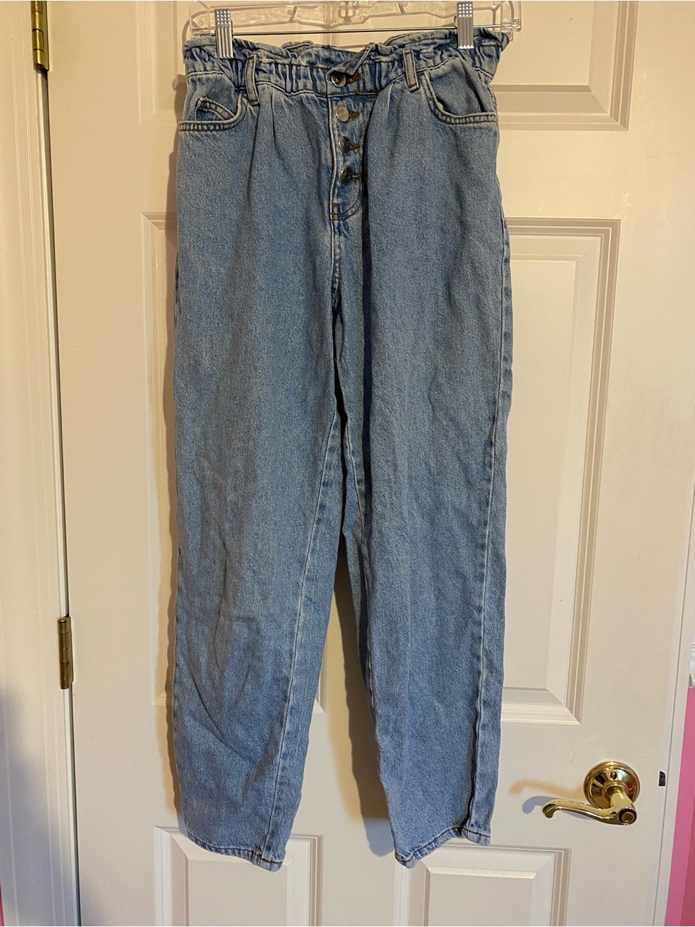 ONLY light wash blue cotton paperbag mom jeans, waist size 24 in.